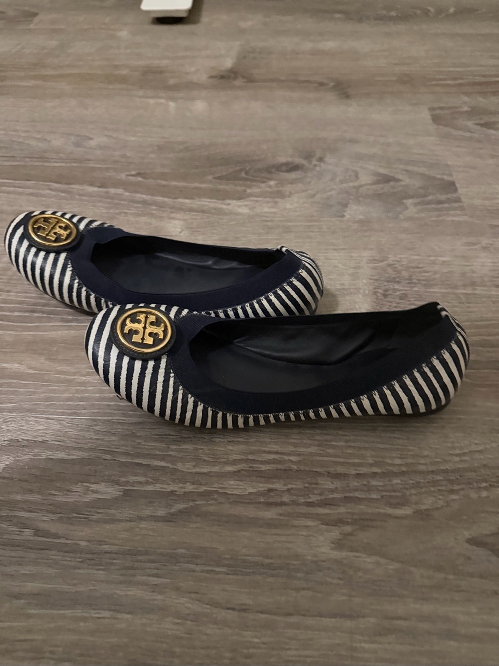Tory Burch Navy and White Striped Logo Ballet Flats - Picture 2 of 2
